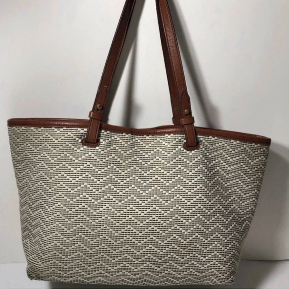 Fossil Brown and Cream Tassel Tote Bag.
